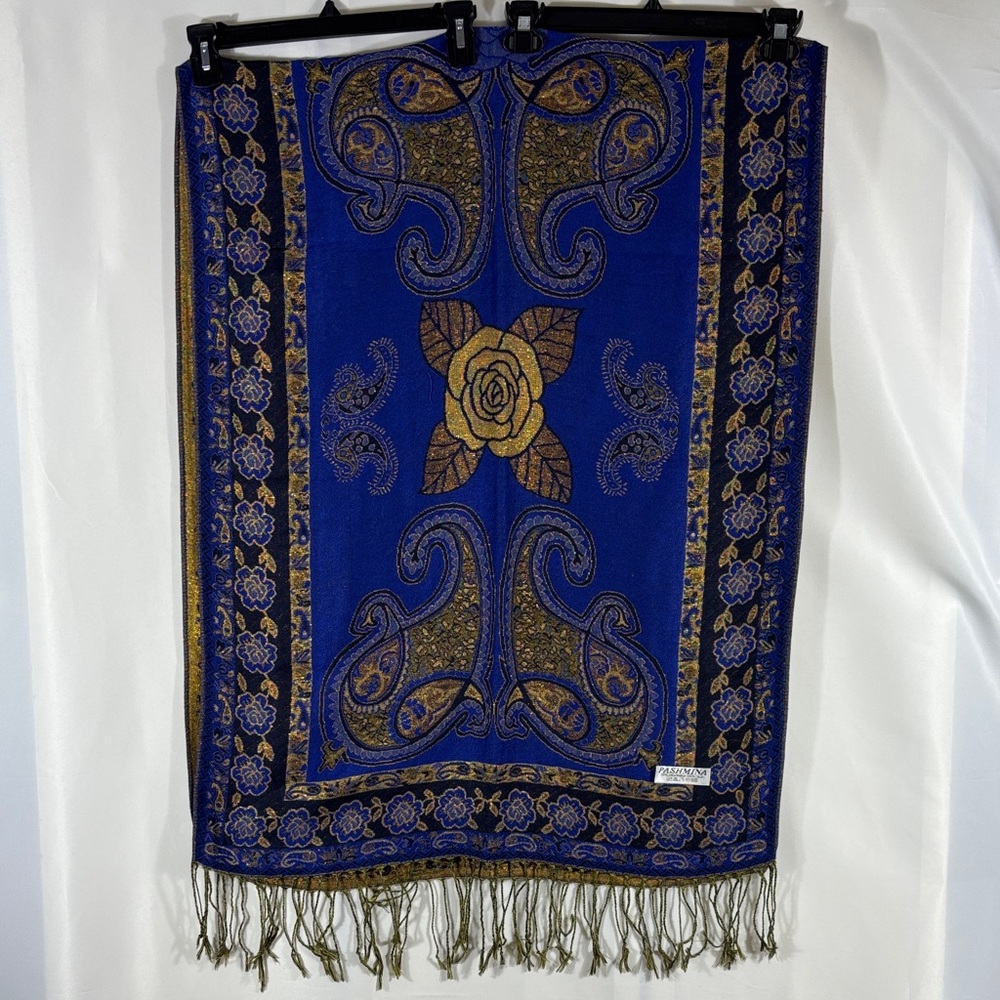 pashmina Royal Blue and Gold Floral Paisley Pashmina Wrap 68 in x 27 in